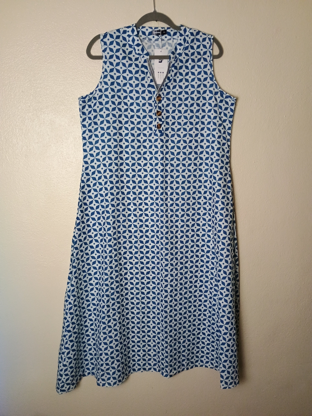 Sleeveless Blue Geo Print A-Line Dress XL With Pocket